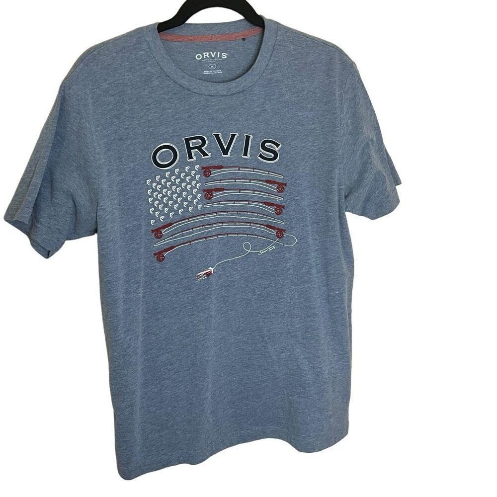 Orvis Mens Medium Fishing Theme American Flag T Shirt Blue Gray Short Sleeve